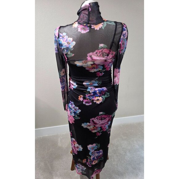 Floral Long-Sleeve Black Mesh Midi Dress With Ruched Design & High Neckline - Picture 7 of 10